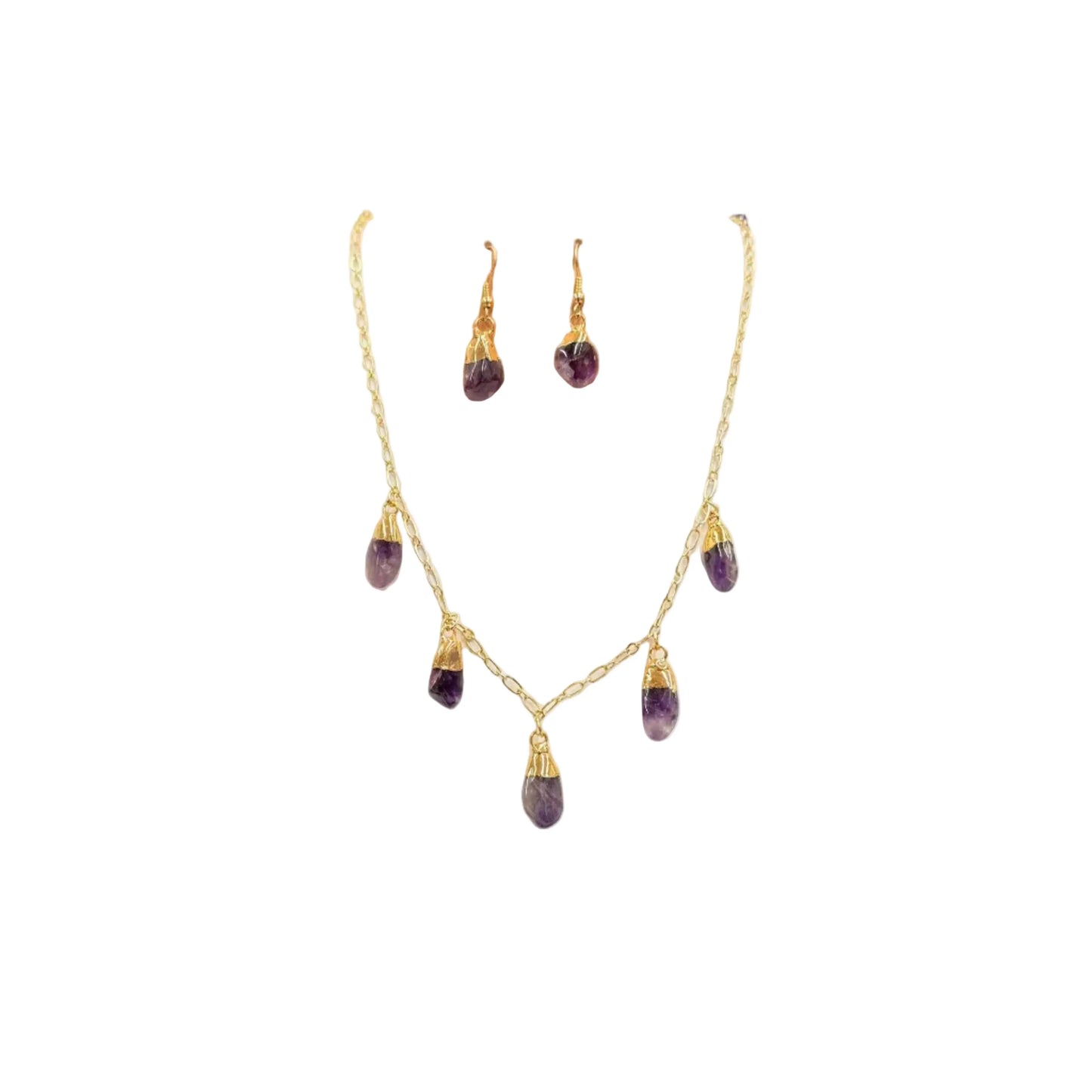 Gold Plated Smooth Amethyst Necklace and Earring Set Hey Bou