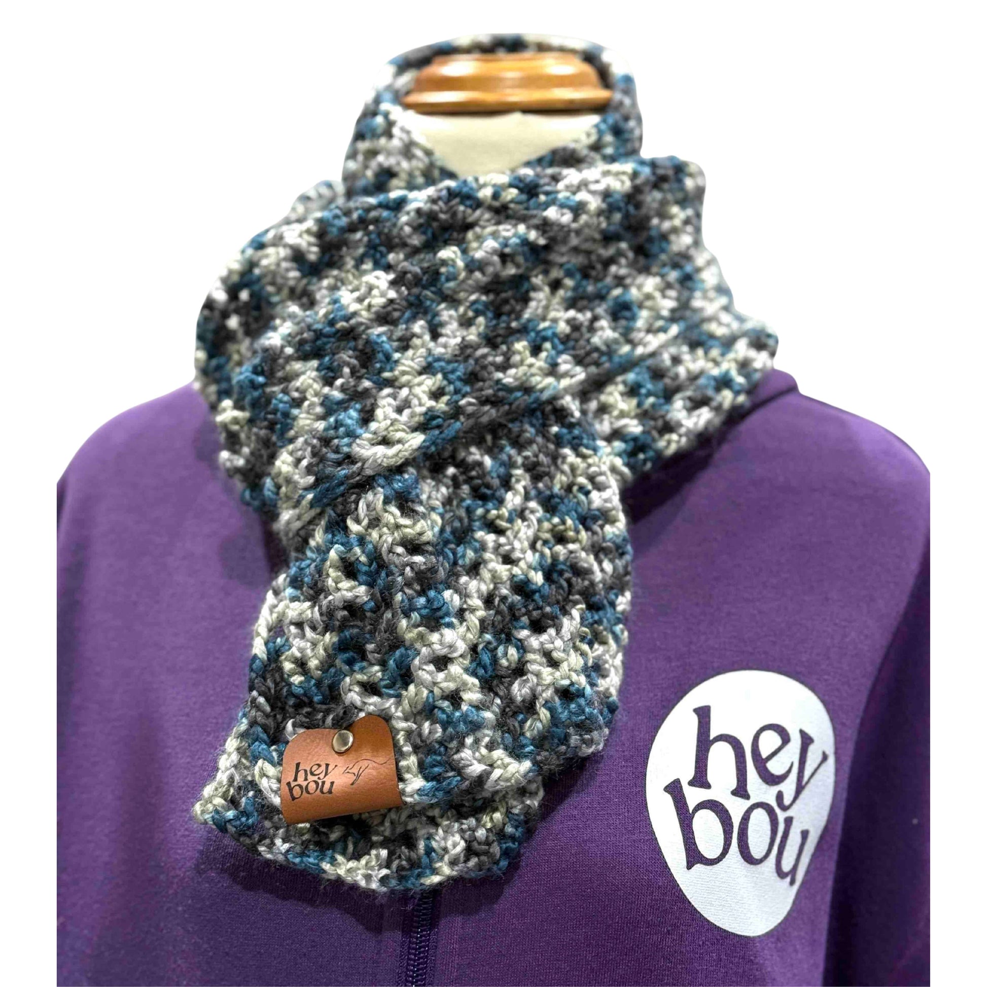 Teal & Grey Soft Double Crochet Scarf 148cm by 16cm HeyBou - Made by Lisa