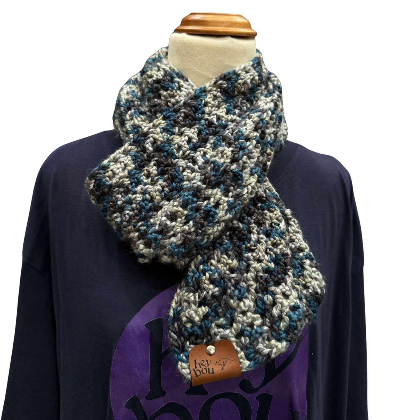 Teal & Grey Soft Double Crochet Scarf 148cm by 16cm HeyBou - Made by Lisa