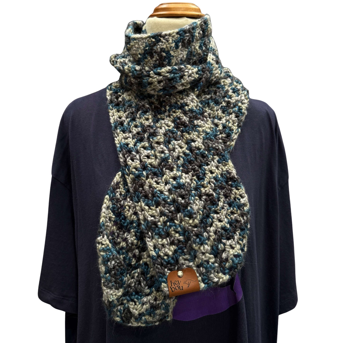 Teal & Grey Soft Double Crochet Scarf 148cm by 16cm HeyBou - Made by Lisa