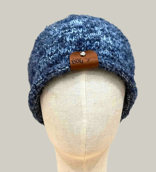 Two Tone Blue Rolled Knitted Adult Fluffy Beanie 50-65cm W 25cm H HeyBou - Made by Lisa