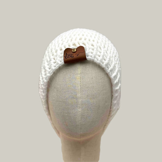 White Treble Crochet 2 Inch Rib Long Adult Beanie 55-67cm H 25cm HeyBou - Made by Lisa