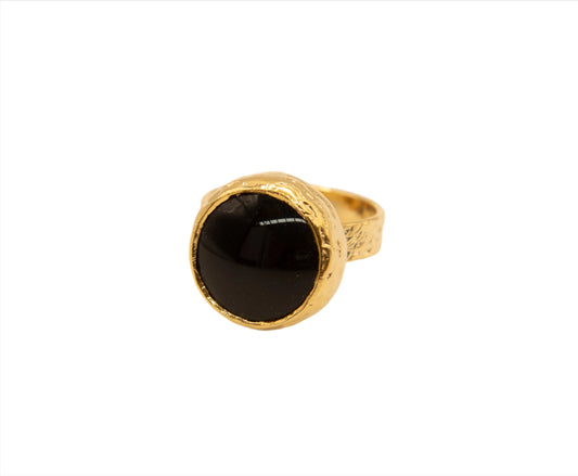 Gold Plated Black Round Stone Ring Hey Bou